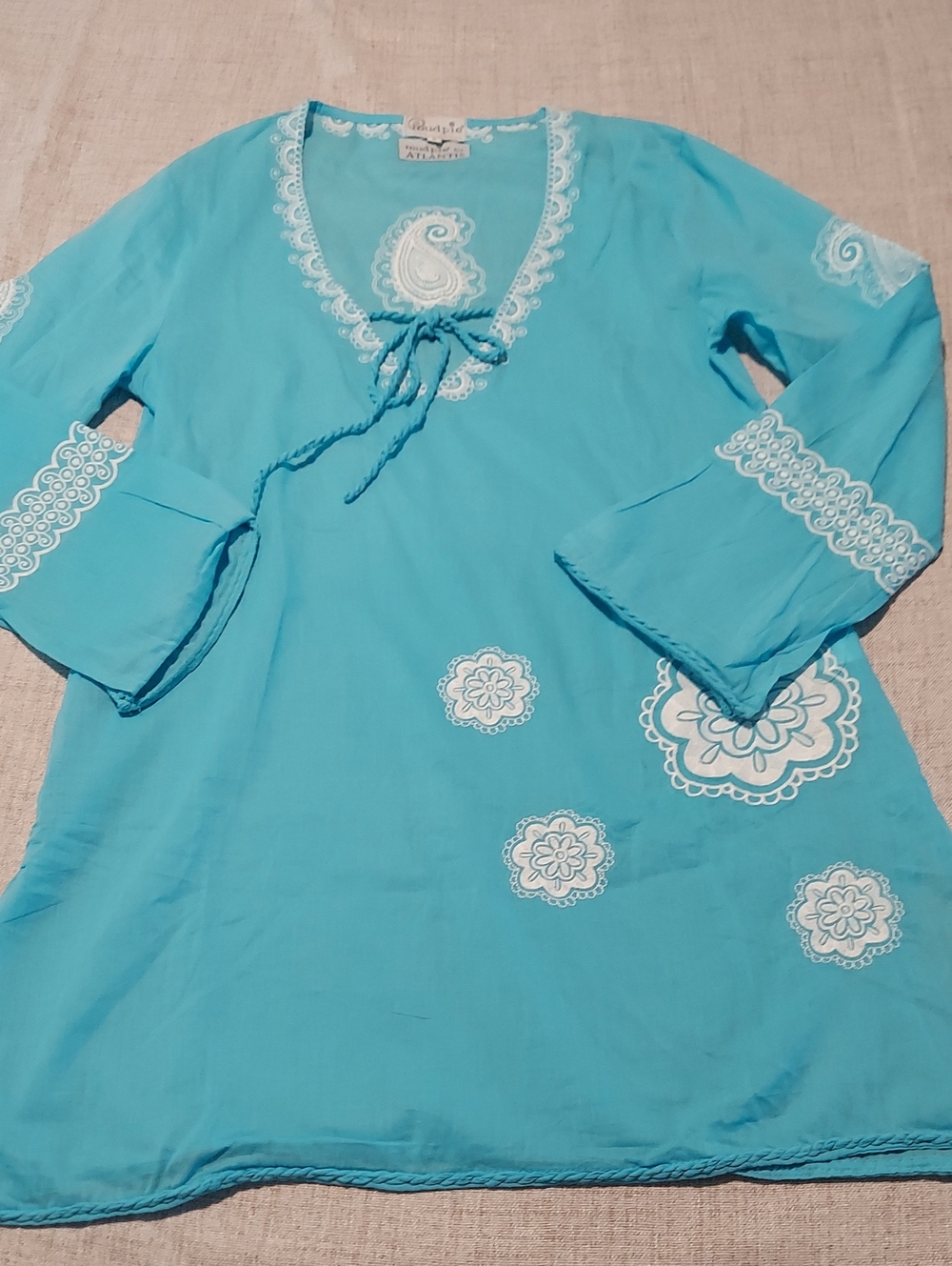 Turquoise Coverup with White Paisley Embroidery Resort Swim Beach Boho